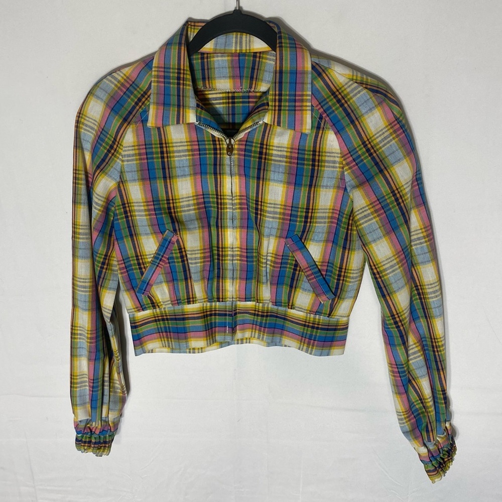Vintage Handmade Pastel Plaid Cropped Zip Front Long Sleeve Light Jacket XXS